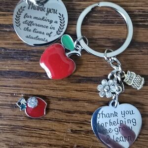 Apple Themed Keychain Set with Heart and Owl Charms